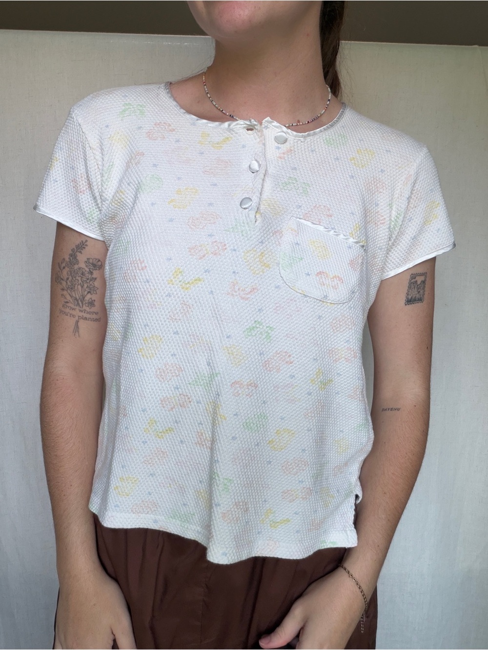 vintage Talbots 100% cotton satin button watercolor floral waffle knit top sz S